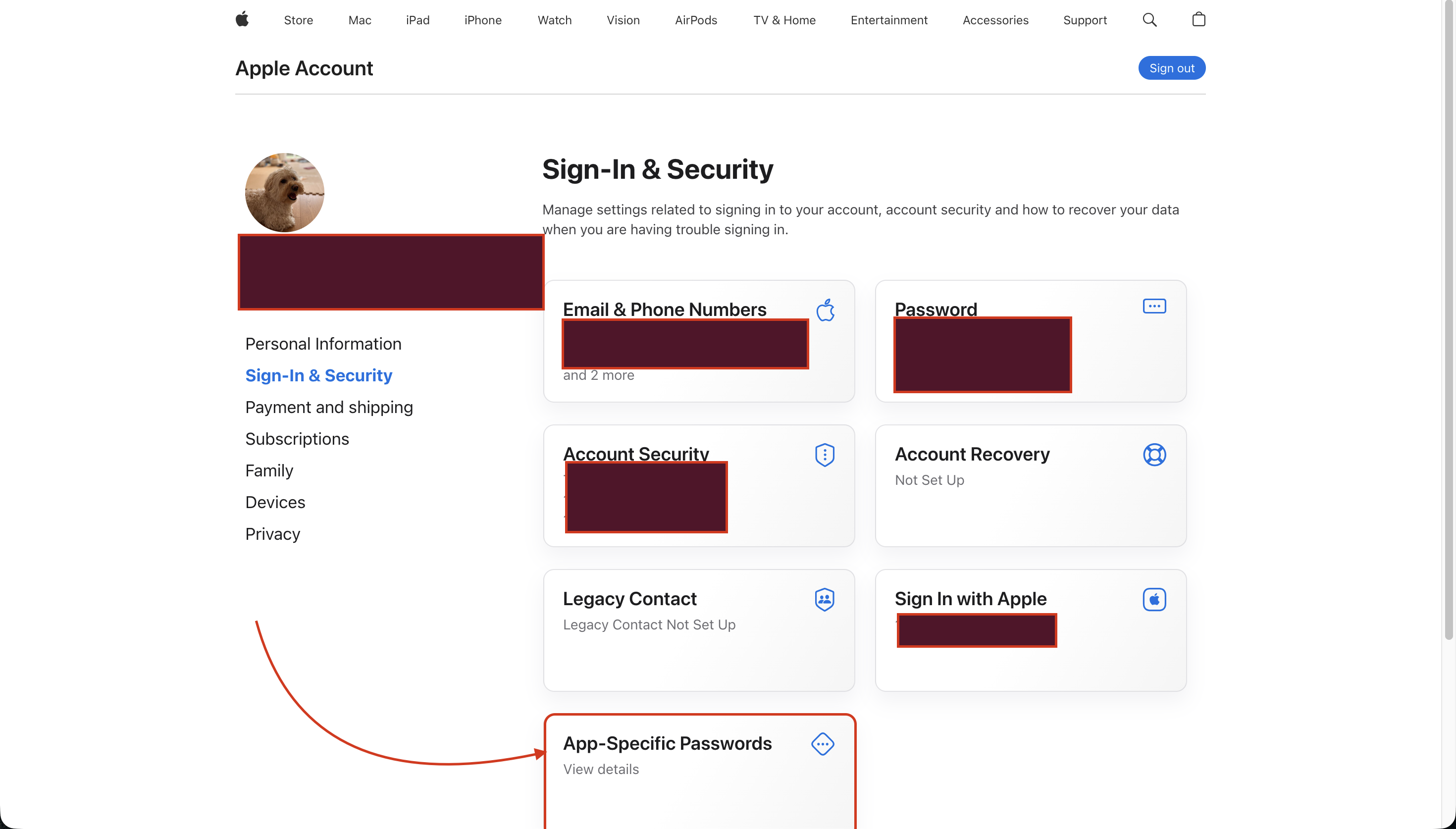 account.apple.com's Sign-In & Security page, with App-Specific Passwords highlighted