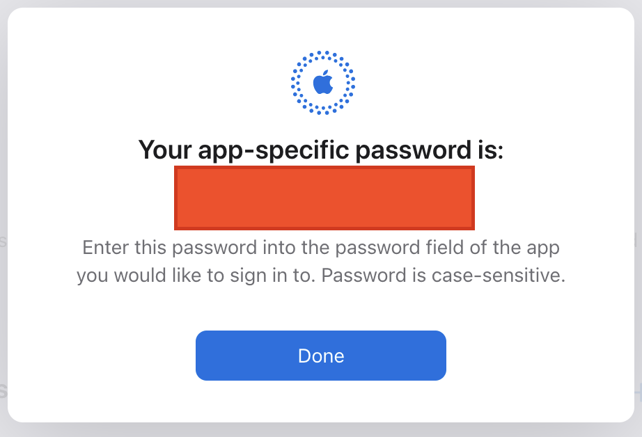 Apple's generated app-specific password dialog