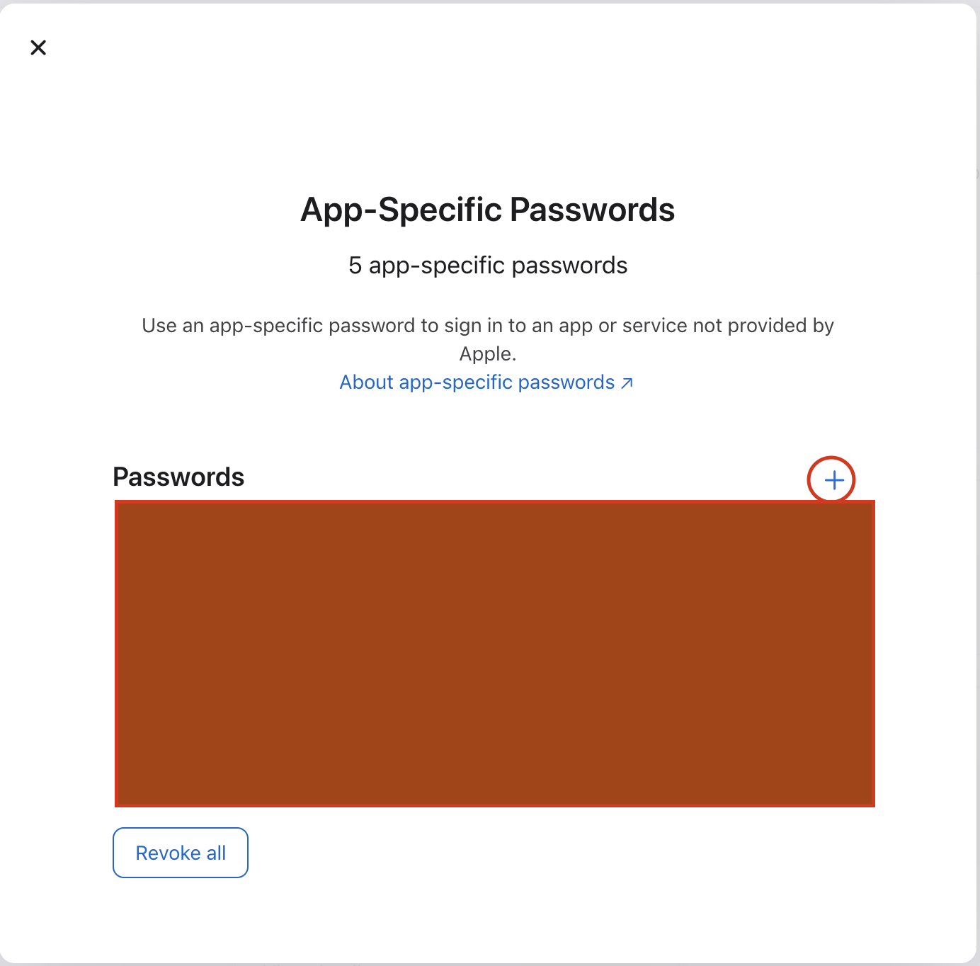 The App-Specific Passwords panel with the + button to add a new one