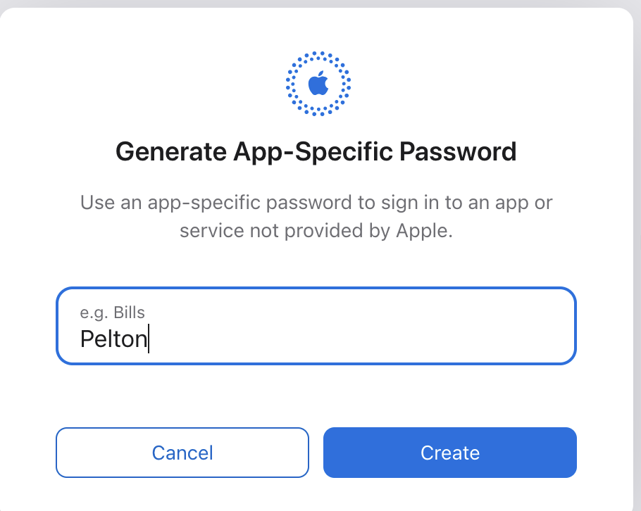 The Generate App-Specific Password dialog with "Pelton" typed in