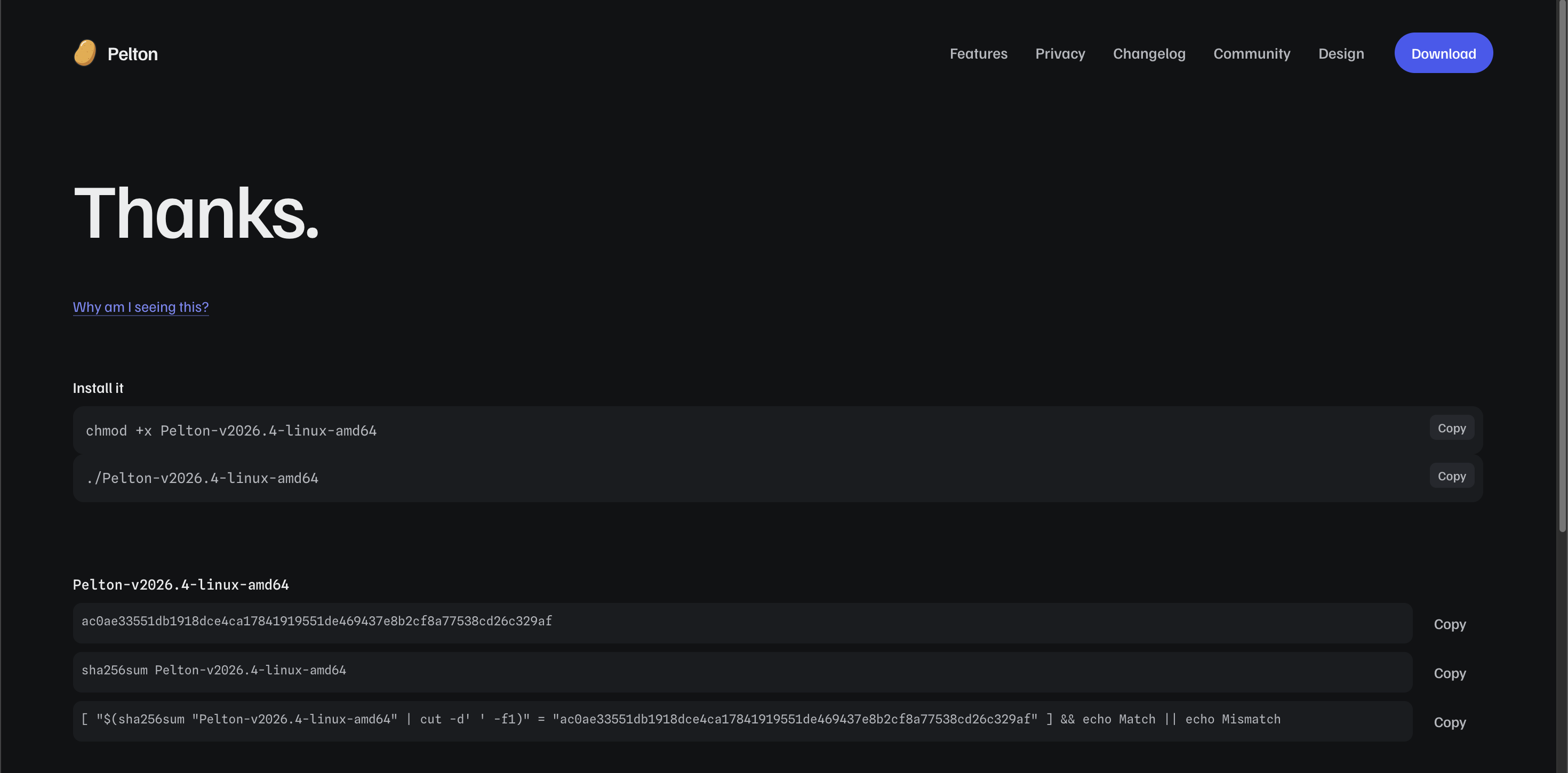 The download page's run and checksum verify commands for the raw binary