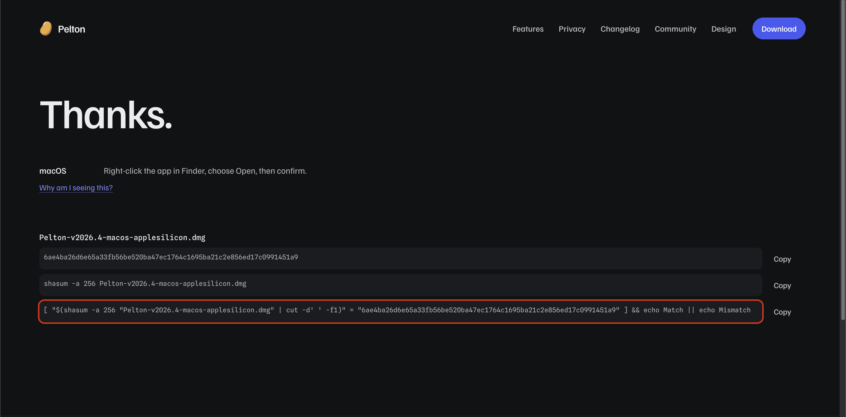 The download page's checksum verify command