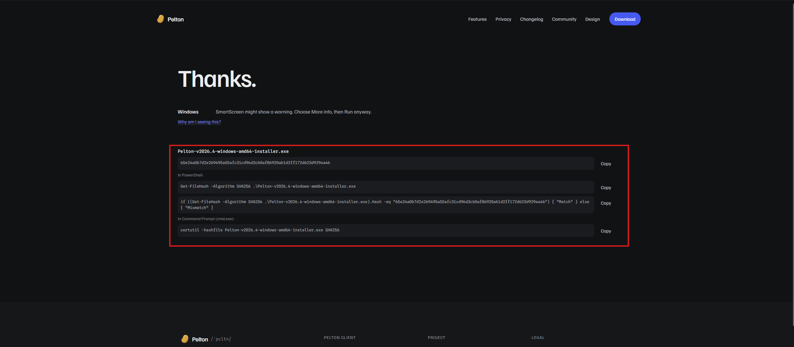 The download page's checksum verify commands for PowerShell and Command Prompt