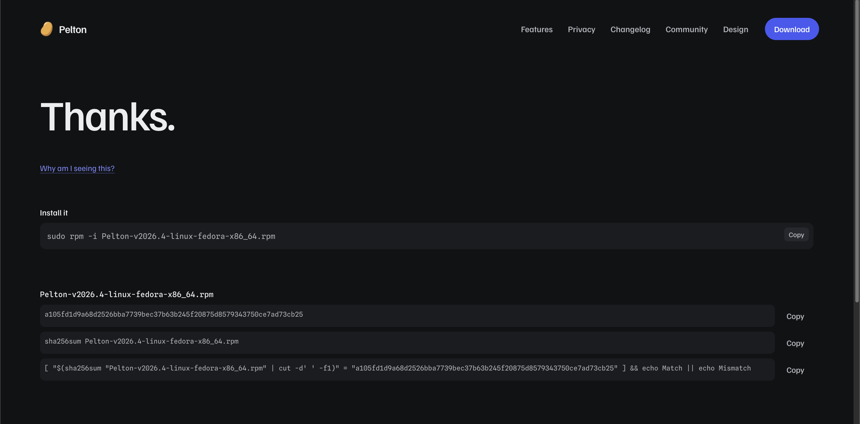 The download page's install and checksum verify commands for the .rpm