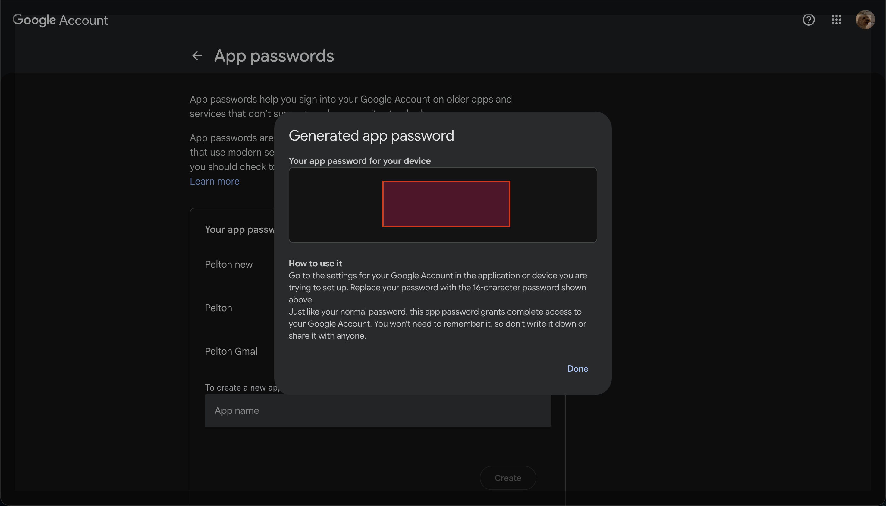 Google's generated app password dialog