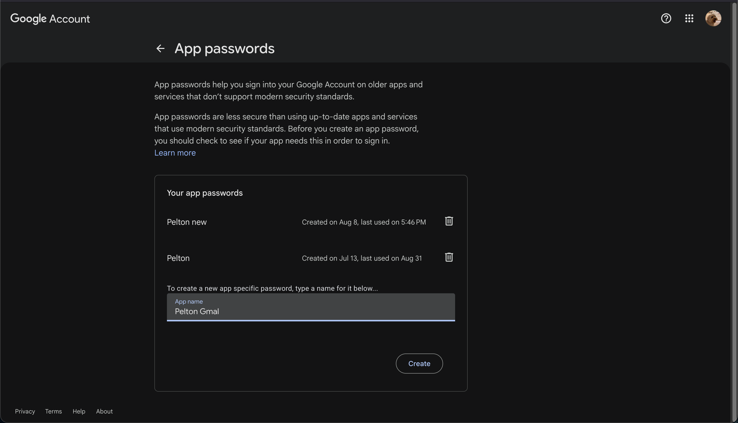 Google's App passwords page, with a name typed in and a Create button