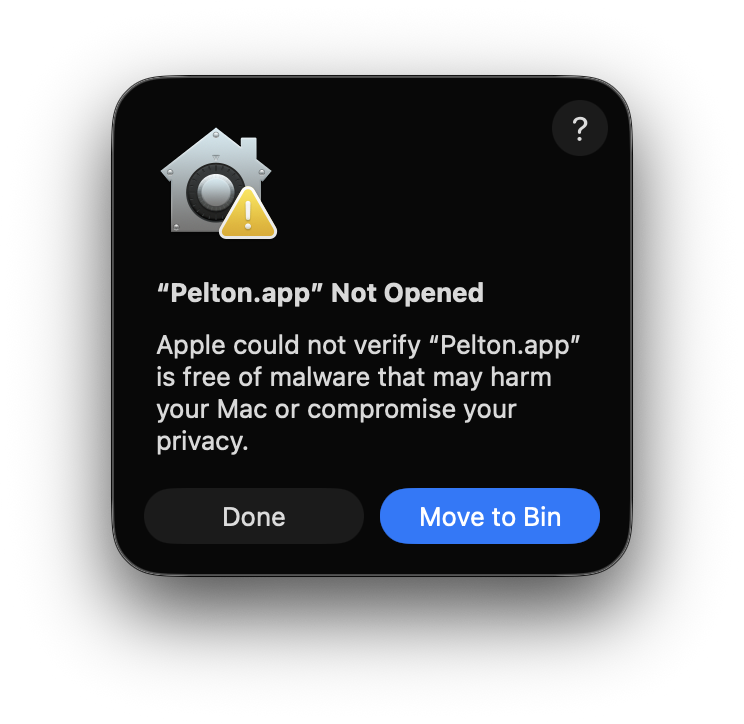 macOS Gatekeeper warning: "Pelton.app" Not Opened