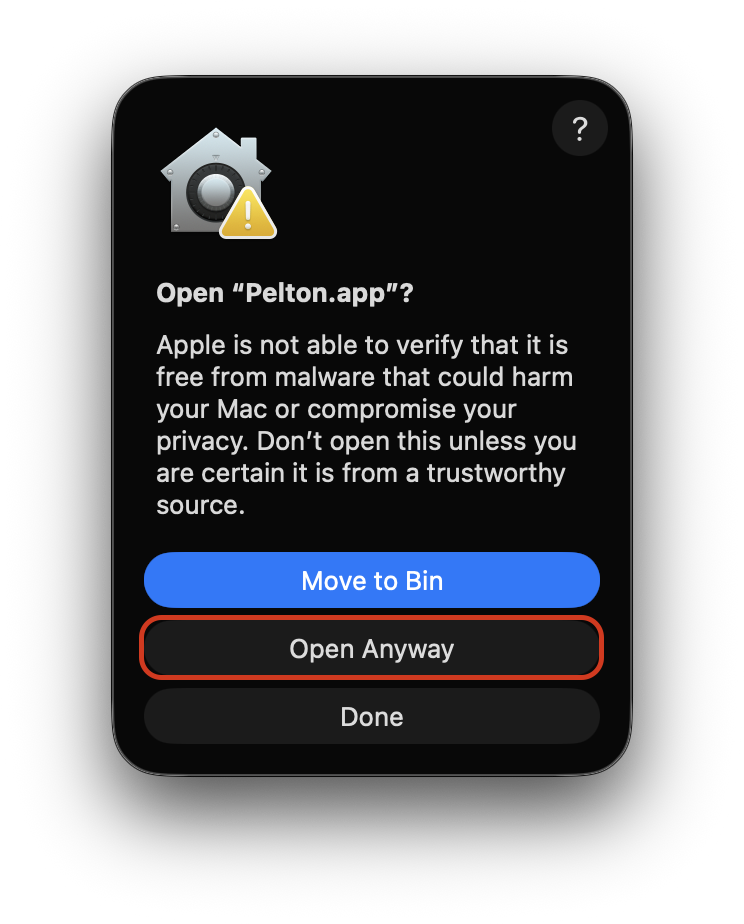 macOS confirmation dialog: "Open Pelton.app?"