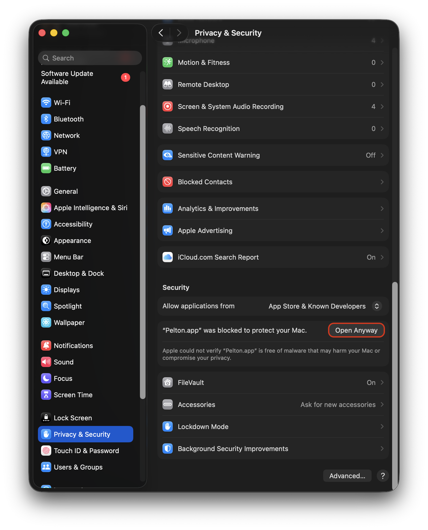 macOS Privacy & Security settings with "Open Anyway" button for Pelton.app