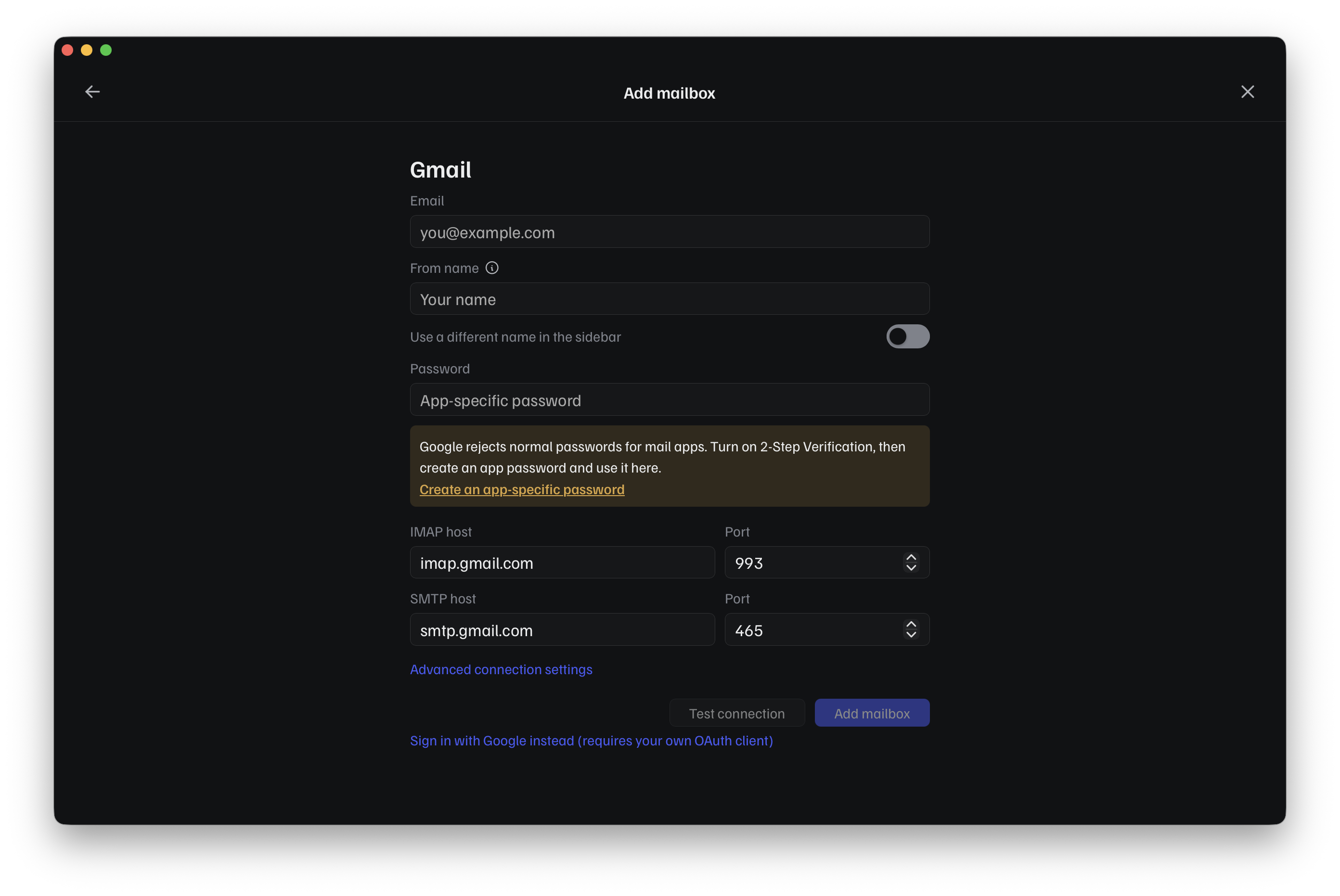 The Gmail form: email, name, and a Password field asking for an app-specific password