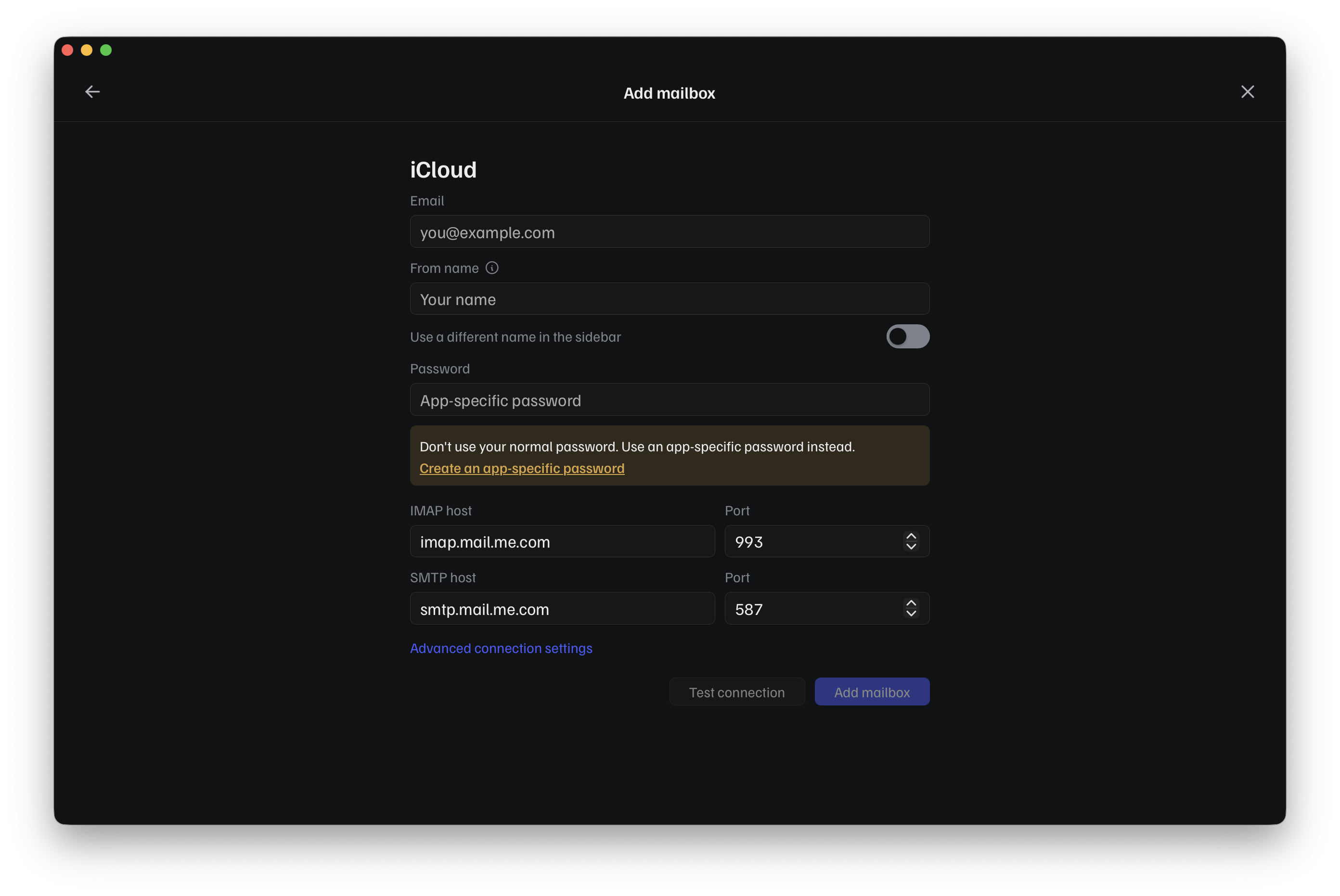 The iCloud form: email, name, and a Password field asking for an app-specific password