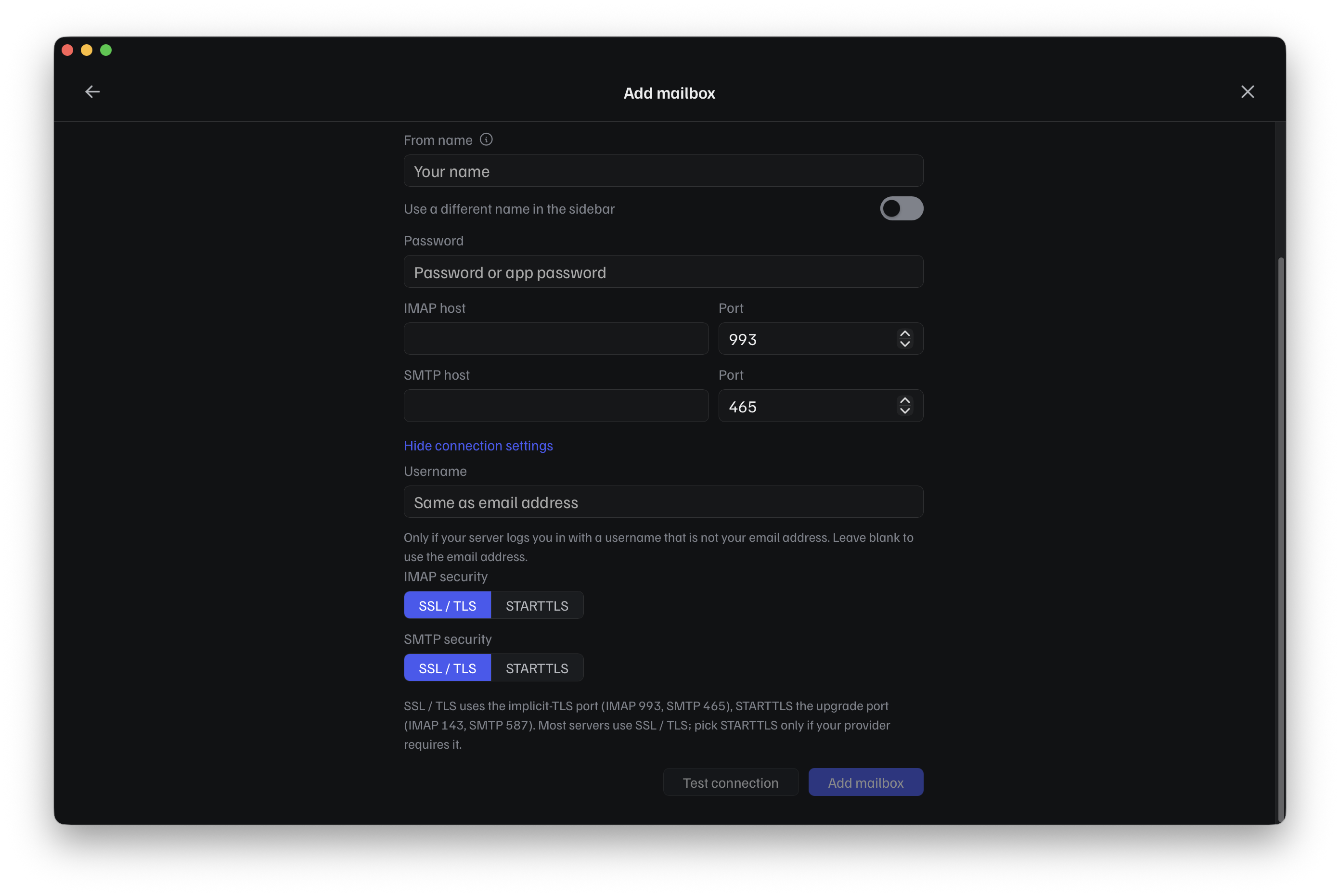 Advanced connection settings: username override and IMAP/SMTP security (SSL/TLS vs STARTTLS)