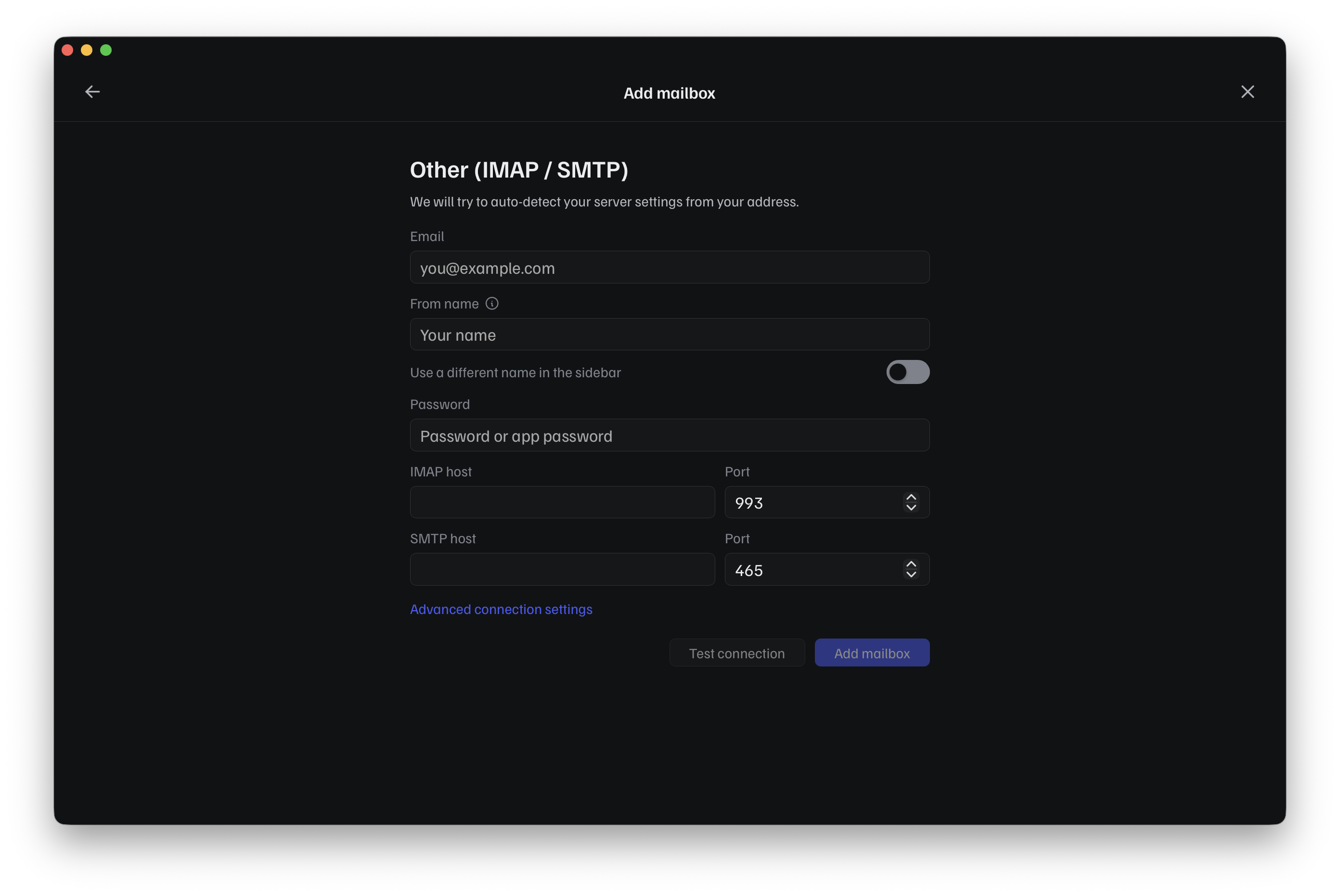 The Other (IMAP/SMTP) form: email, name, password, IMAP/SMTP host and port