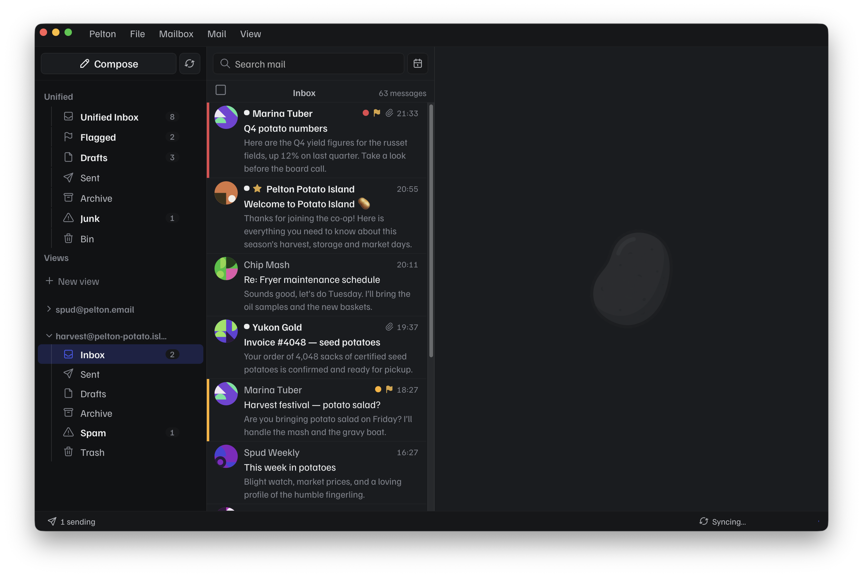 Pelton running in --potatoes-are-nice demo mode, showing fake potato-themed accounts and mail