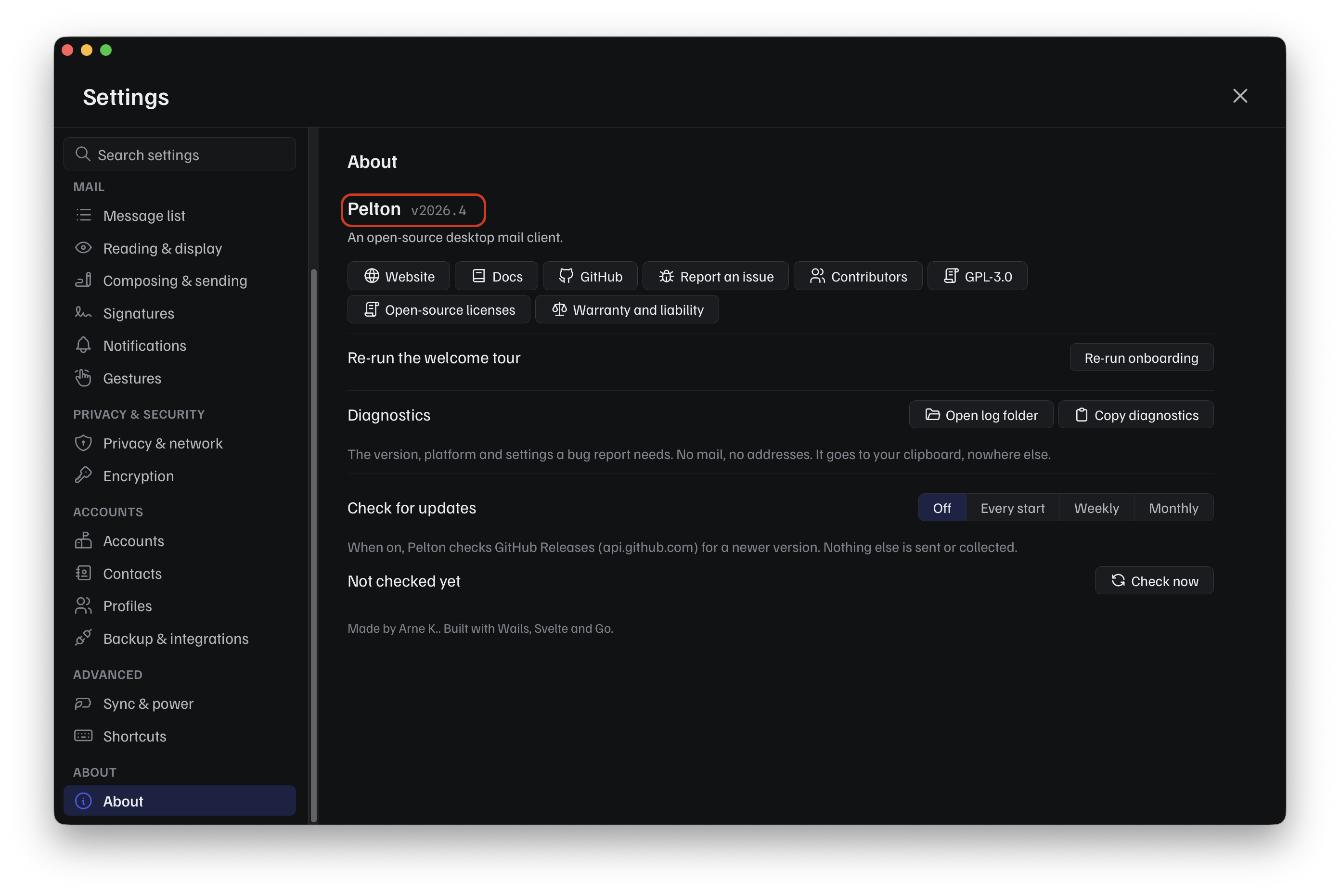 Settings > About, with the Pelton version highlighted next to Report an issue