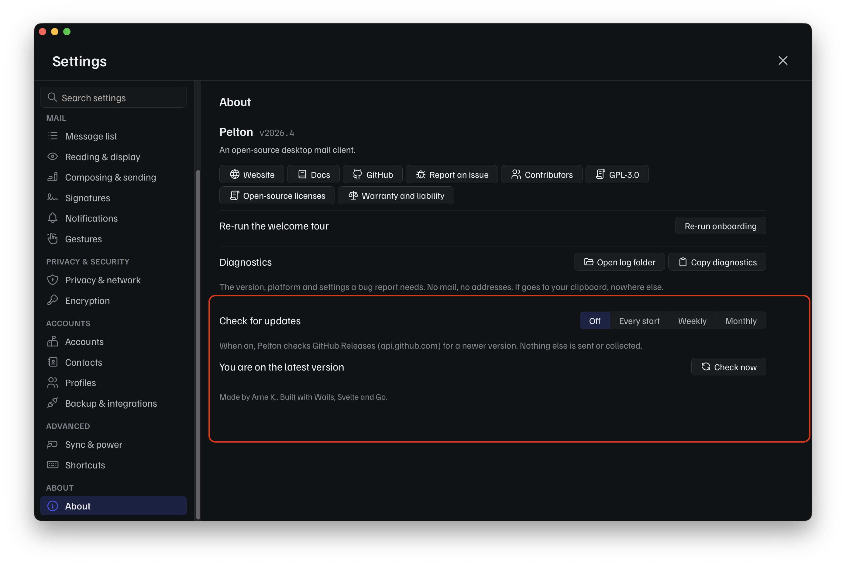 Settings > About: the "Check for updates" section with frequency options and a Check now button