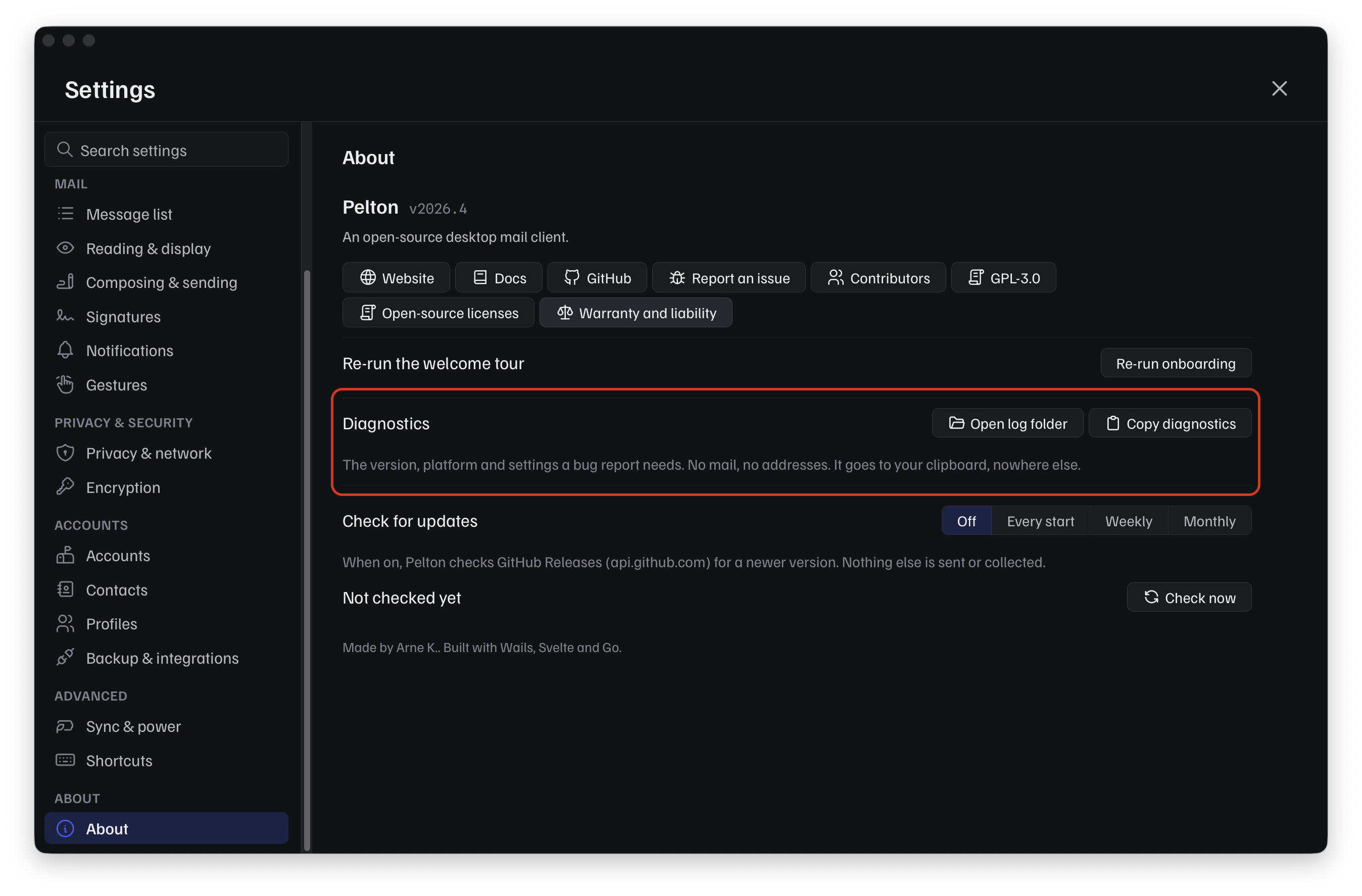 Settings > About's Diagnostics section: Open log folder and Copy diagnostics