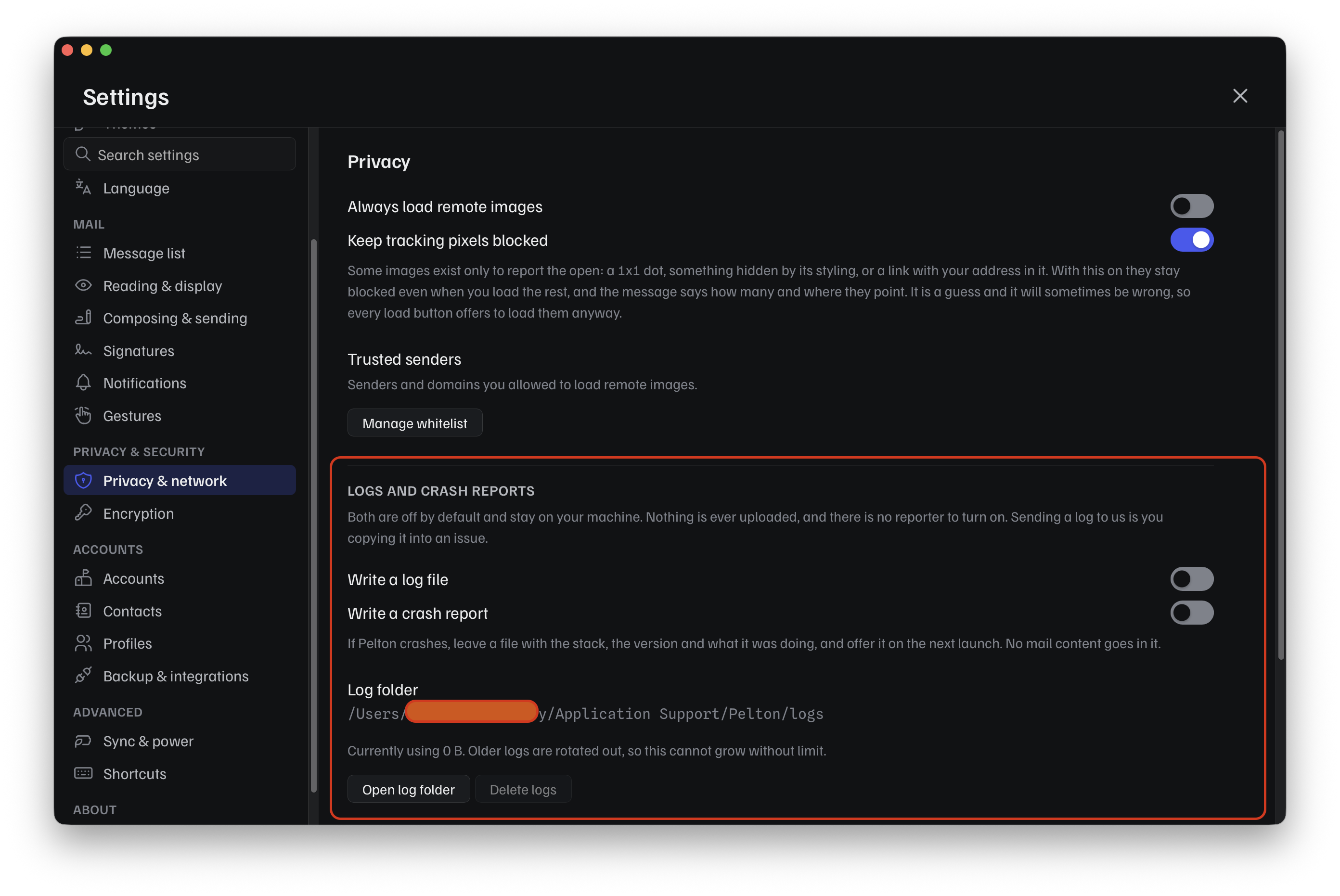 Settings > Privacy & network: Logs and crash reports, with Write a log file, Write a crash report, and Open log folder