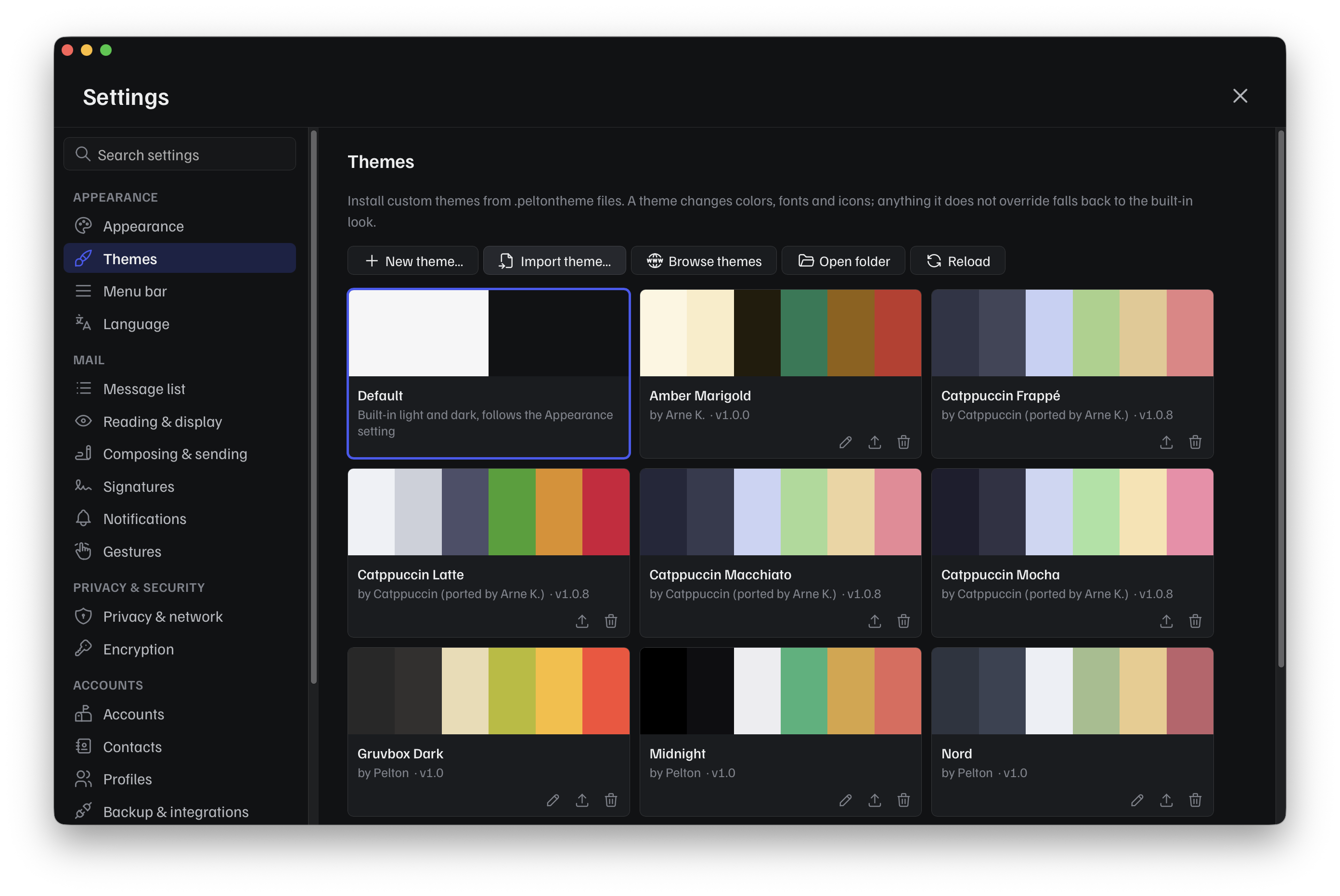 Settings > Themes, showing the installed theme gallery with New theme, Import theme, Browse themes, Open folder, and Reload