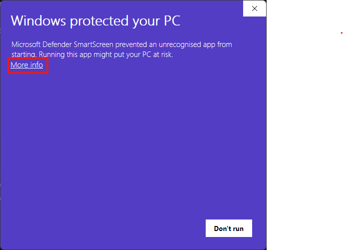 Windows SmartScreen warning: "Windows protected your PC", with "More info" highlighted