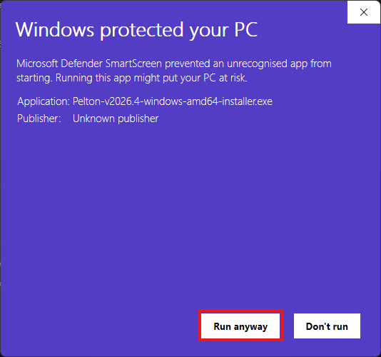 Windows SmartScreen warning expanded, with "Run anyway" highlighted